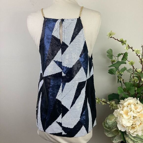 H&M top | Sequin Blouse | Geometric | Chain Strap | size small | blue black whit - Picture 5 of 8